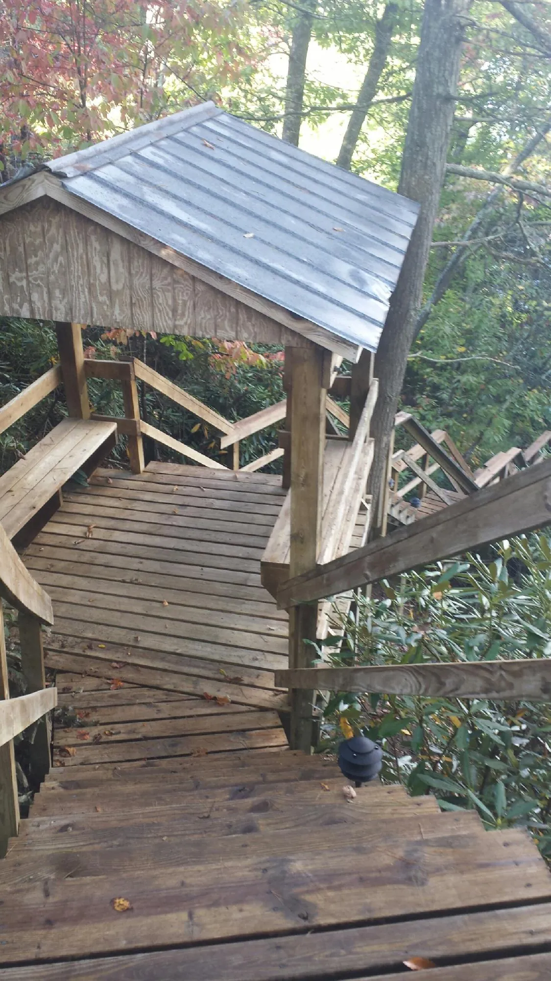 Metal roofed shelter over wooden steps on a wooded walkway — Skylight Repair & Installation work by our crew in Zearing